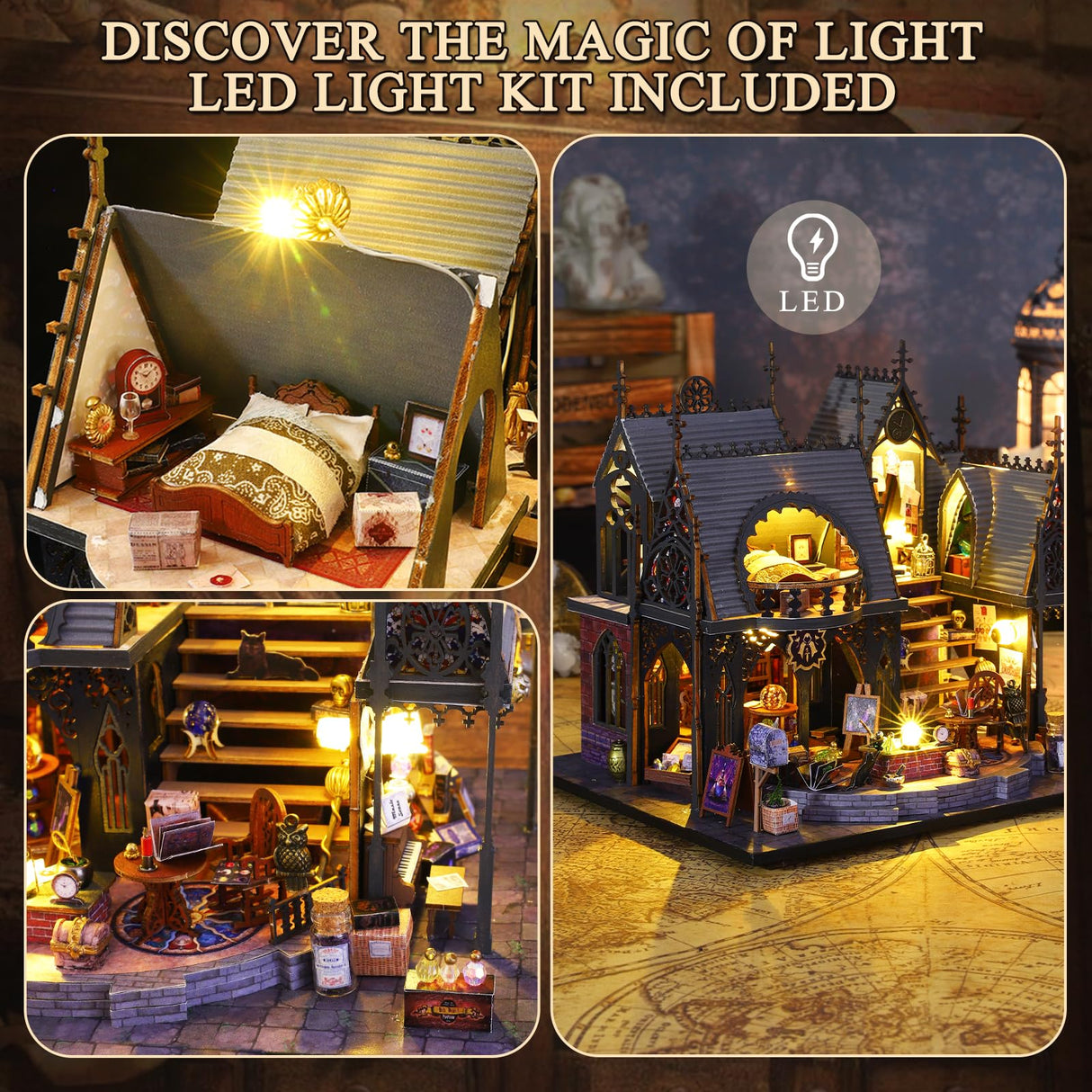 DIY Miniature House Kit, Tiny for Adults to Build, 3D Wooden Puzzles Dollhouse Bookshelf Insert Decor Alley-Creativity Kit with LED Light for Family and Friends (Luna's Magic House) FLYINTOYS