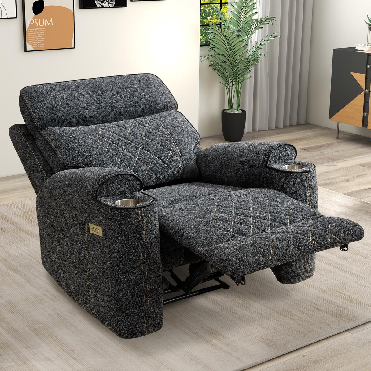 HAOMARKETS Electric Recliner Chair, Soft Fabric Power Recliners with Metal Cup Holders, Single Overstuffed Heavy Duty Reclining Sofa Chairs for Living Room Bedroom, Dark Grey HAOMARKETS