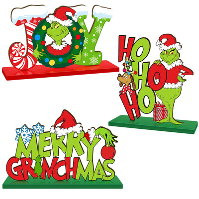 3 Pieces Christmas Table Signs Decorations, Merry Christmas Wooden Centerpiece Ornaments, Joy Wood Desktop Signs Decor for Kitchen Home Winter Whoville Xmas Holidays Theme Party Supplies