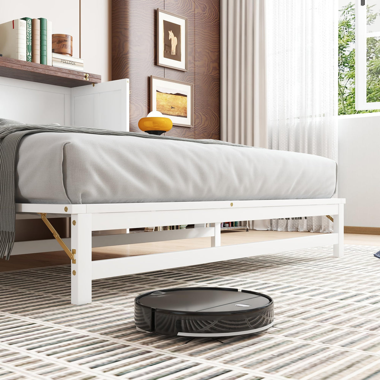 Queen Size Murphy Bed Cabinet, Murphy Bed Cabinet with Storage Drawer and Charging Station, USB Port, Solid Pine Wood Murphy Bedframe for Home Office Studio Guest Room, White Walnut RuiSiSi