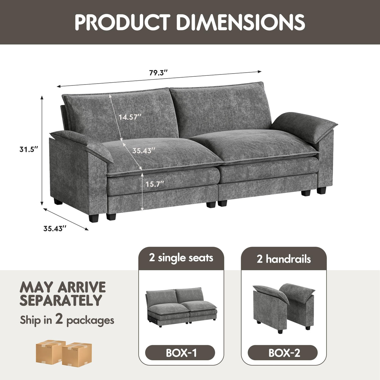 Homall 80" Modular Sectional Sofa, Loveseat Sofa Couch with Double-Layer Cushion, DIY Combination Chenille Deep 2-Seat Cloud Couch for Living Room, Apartment (Loveseat Sofa, Grey) Homall
