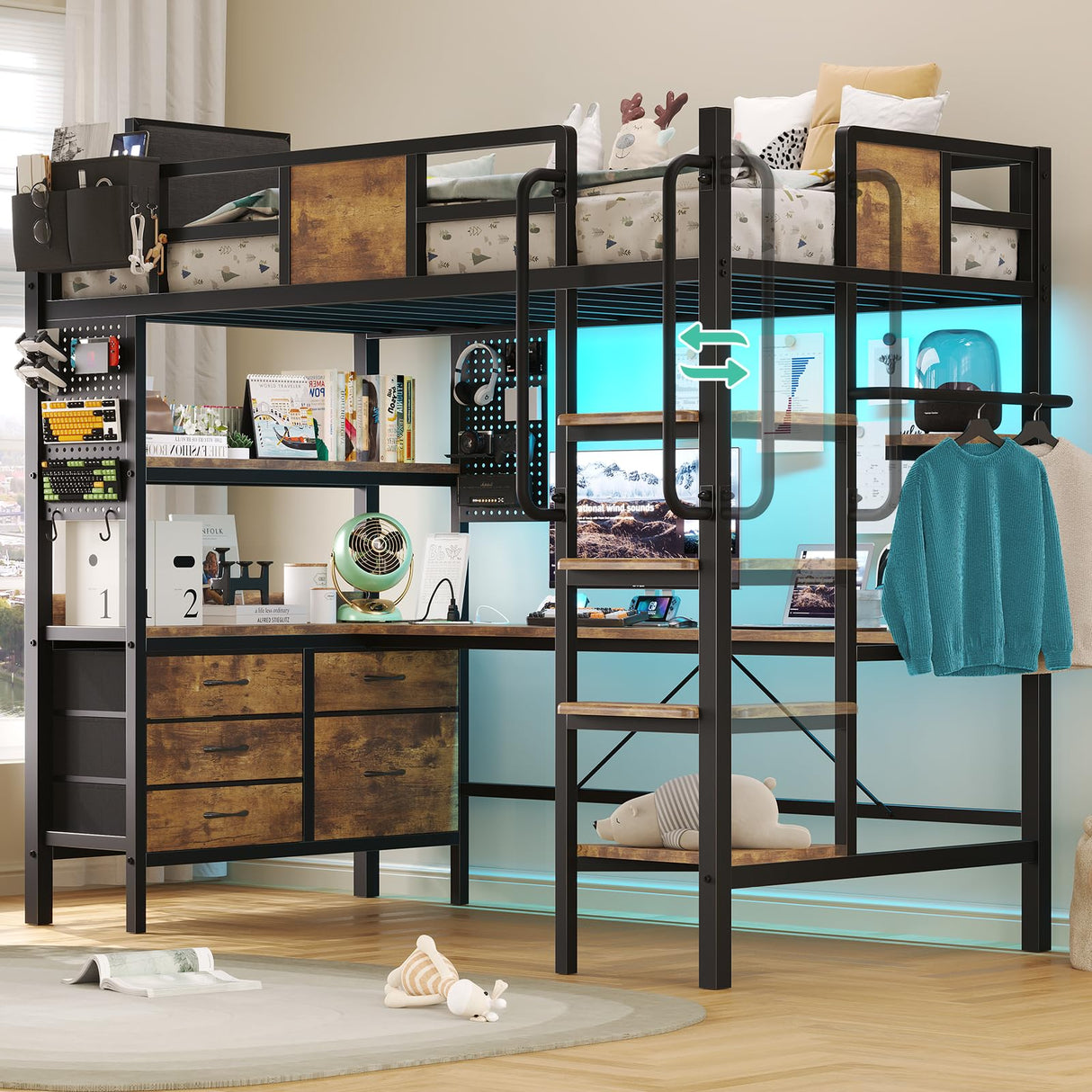 Loft Bed Twin Size with L-Shaped Desk and Storage, Metal Bunk Bed with Desk Underneath and LED Lights & Charging Station, Twin Loft Bed with Desk, 5 Drawer 2 Pegboards, Safety Guard Ladder, Brown BYSAUD