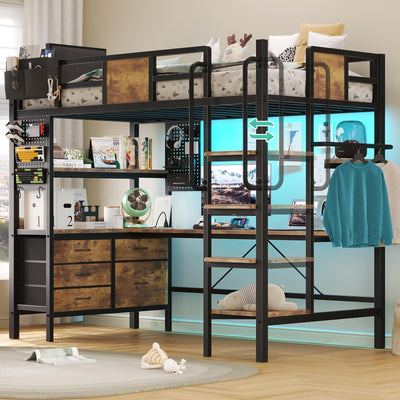 Loft Bed Twin Size with L-Shaped Desk and Storage, Metal Bunk Bed with Desk Underneath and LED Lights & Charging Station, Twin Loft Bed with Desk, 5 Drawer 2 Pegboards, Safety Guard Ladder, Brown