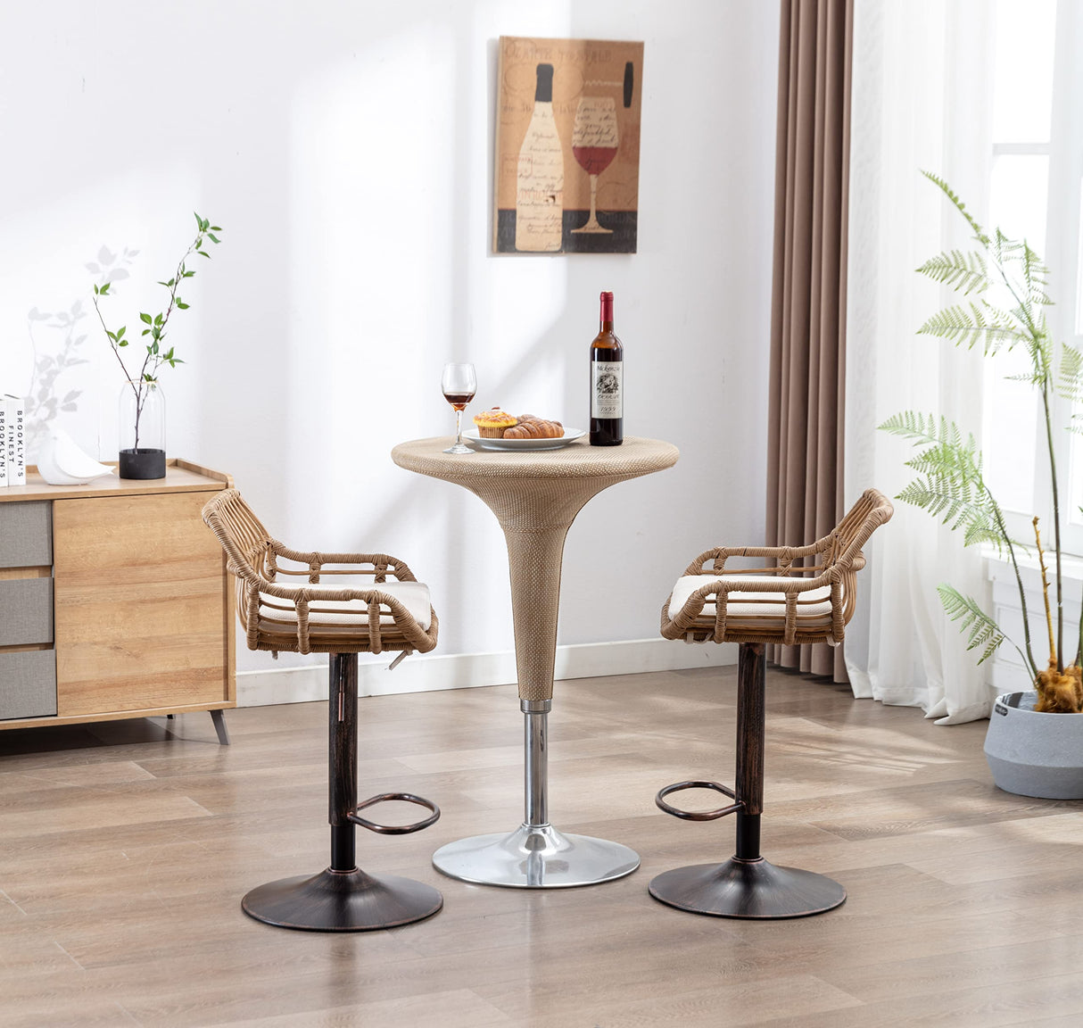 Kakotito Rattan Bar Stools, Adjustable Barstools with Linen Cushion, 360° Swivel Bar Stool with Low Back & Footrest, Classical Barstool Set of 2 for Kitchen and Bar (Brown) Kakotito