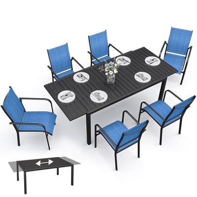 BUPPLEE 38"-84" Extendable Outdoor Dining Table Set for 4-8 Person, Rectangular Outdoor Furniture Adjustable Table & 6pcs Textilene Chairs for Porch,Backyard, Garden, Poolside and Deck-7 Piece Blue