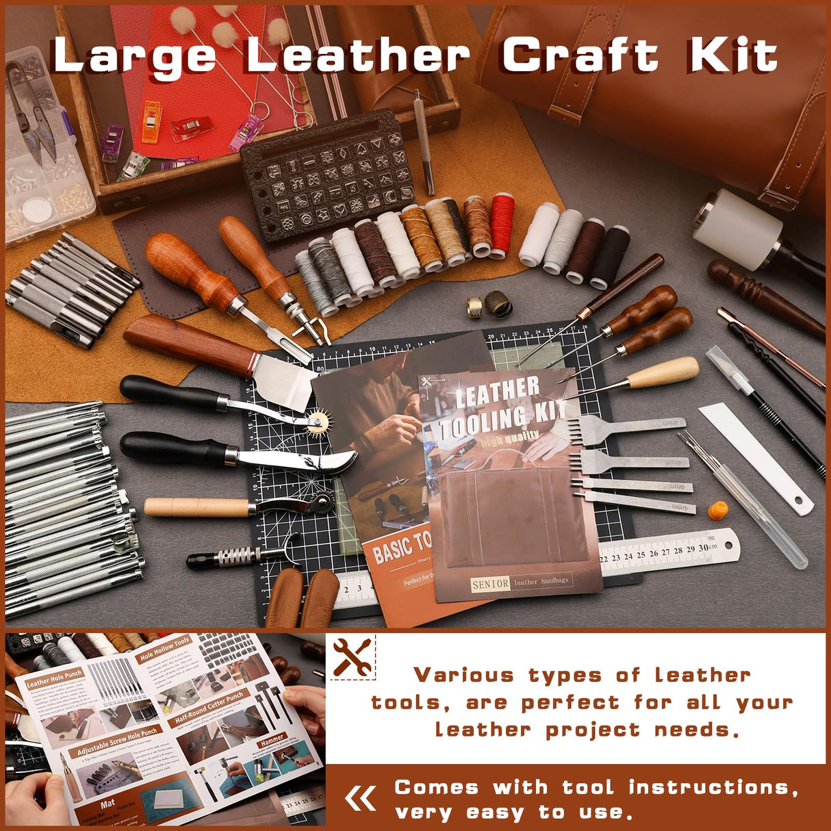 TLKKUE Leather Tooling Kit Leather Craft Tools Leatherworking Kit with Custom Handbag Cutting Mats Engraving Punching Sewing Stamping Sanding Tools for Handicraft Work Professional TLKKUE