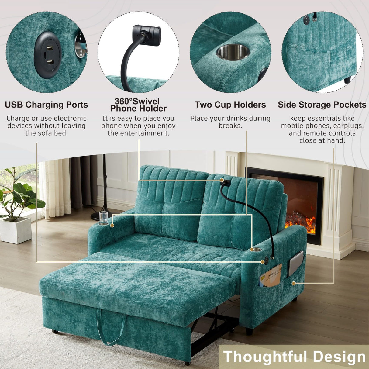 Merax 54" Convertible Sleeper Sofa Bed, Chenille 3-in-1 Pull Out Futon Couch Loveseat with Adjustable Backrest, 2 Cup Holders, Phone Stand, 3 Charging Ports and Storage Pockets for Living Room, Teal Merax