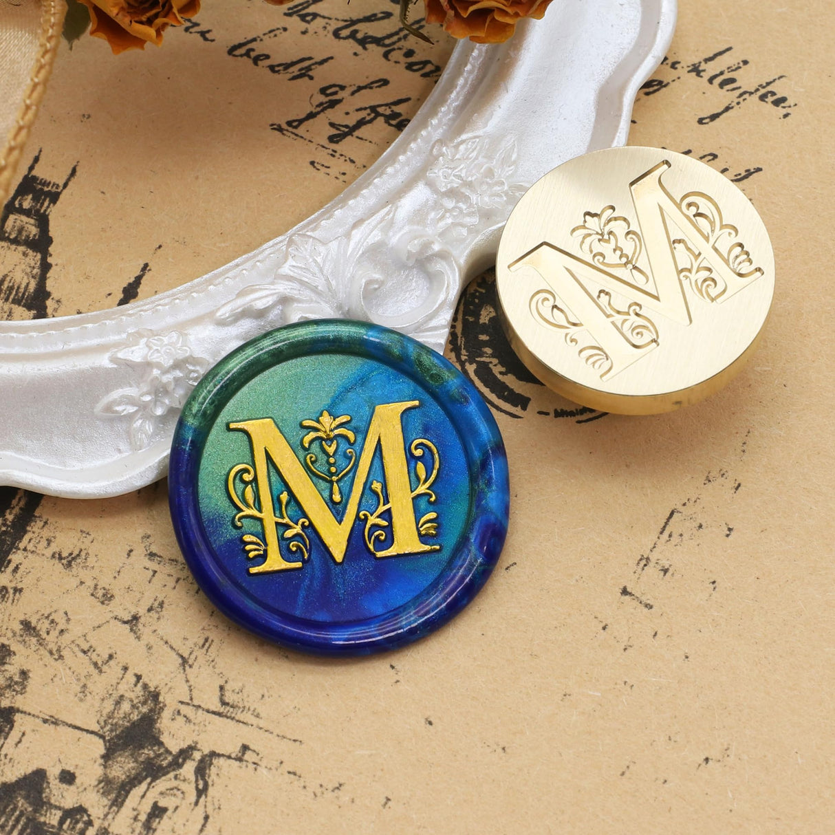 SWANGSA Initial Alphabet M Wax Seal Stamp Kit, Classic Retro Letter Sealing Stamp with 200pcs Sealing Wax Beads Kit for Wedding Invitations Cards Envelopes (M) SWANGSA