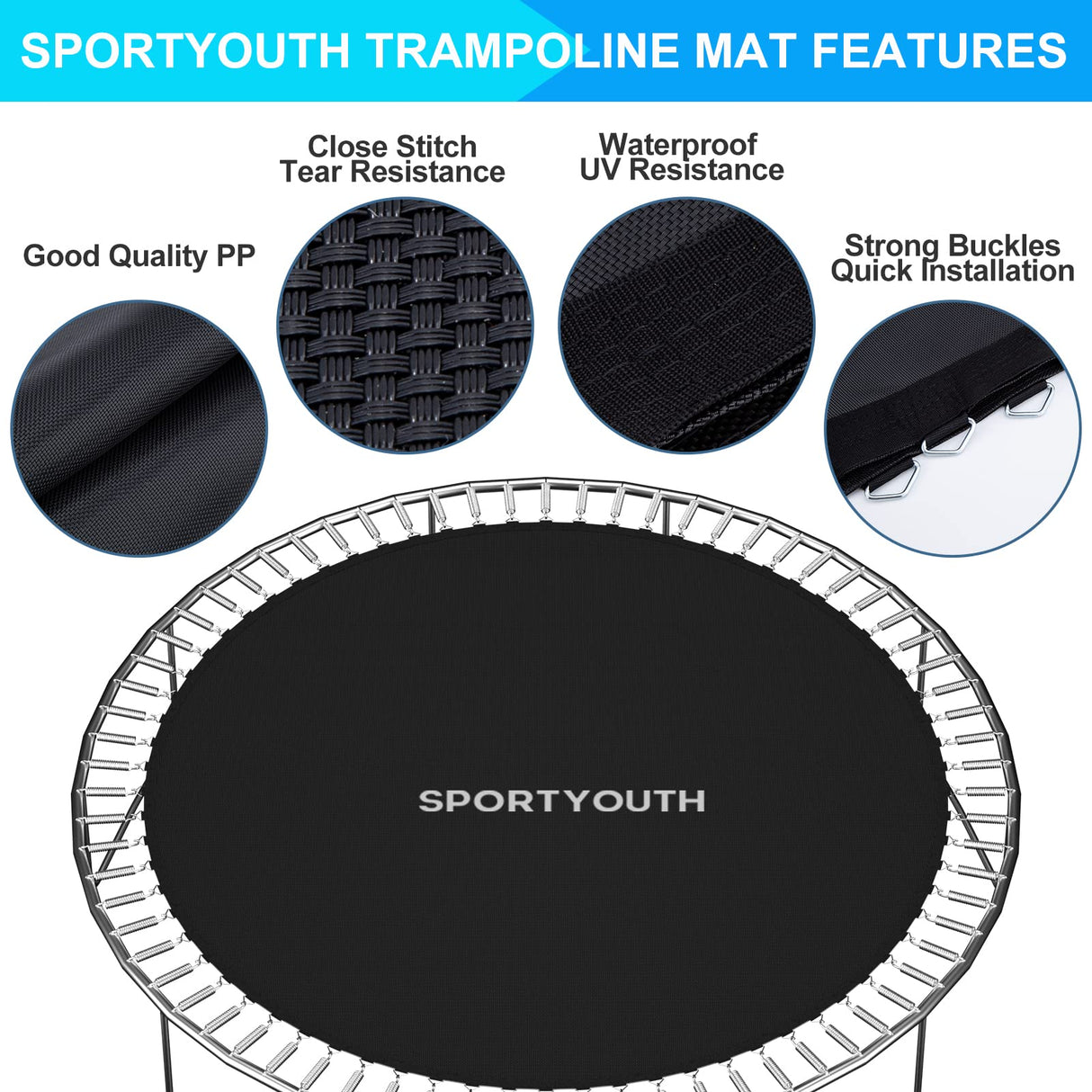 SPORTYOUTH Trampoline Replacement Jumping Mat 12ft, Fits 5.5" Springs 72 V-Hooks 12 Foot Round Trampoline Frames - EXCLUDING Frame & Spring SPORTYOUTH