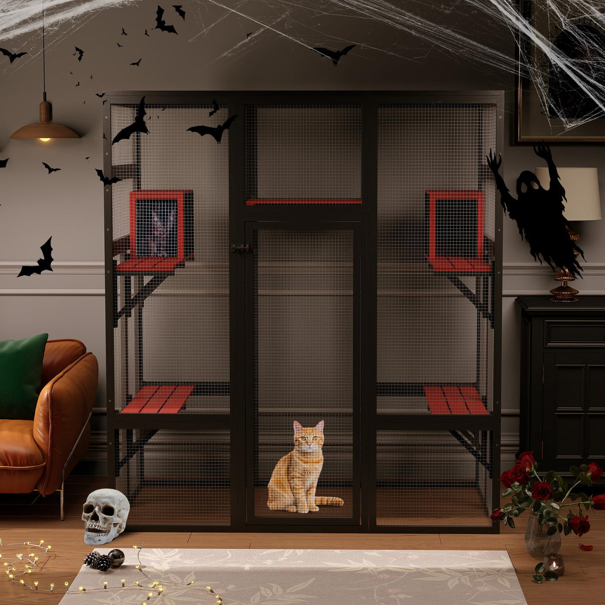 Nyeekoy 71Inches Large Wood Catio Outdoor Cat Enclosure with Perches and Condos, Cat House Indoor with Waterproof Roof, Cat Shelter 7 Platforms & 2 Resting Box, UV Resistant (Gothic) Nyeekoy