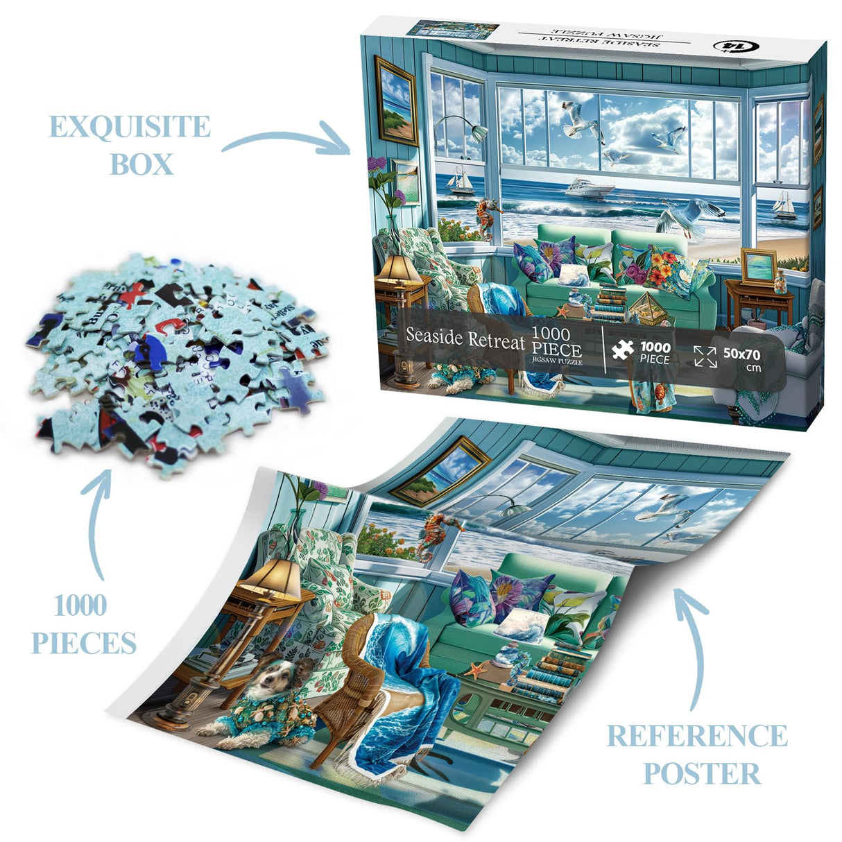 Beach Summer House Puzzles for Adults 1000 Piece, Hawaii Florida Maine Ocean Jigsaw Puzzles, Seashore House Puzzles - Seaside Retreat BBOLDIN