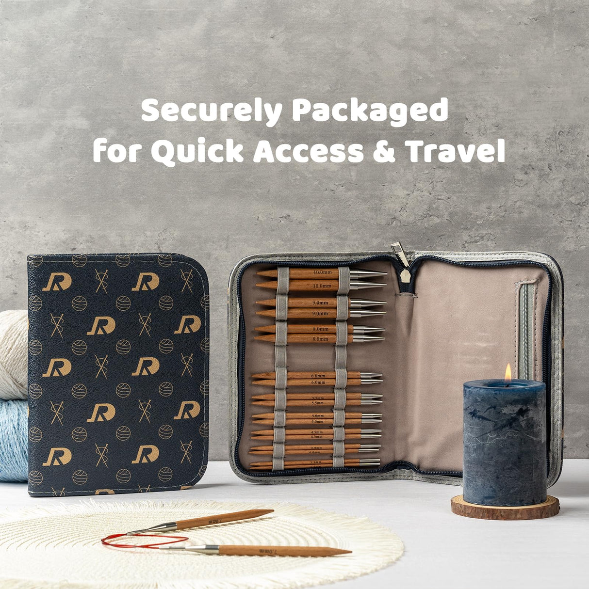 Ruidi Premium Beechwood & Steel Interchangeable Knitting Needles Set - 10 Sizes (3.5-10.0mm) with 4 Cables & Navy Blue Leather Case | Double-Lock Ergonomic Design RUIDI