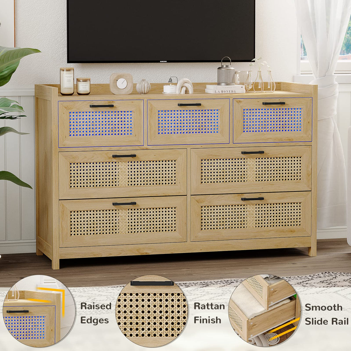 Rattan Dresser for Bedroom with LED Lights, Modern Drawer Dresser with Metal Handles, Wood Storage Chest of Drawers Dresser for Closet, Bedroom, Living Room, Hallway MSmask