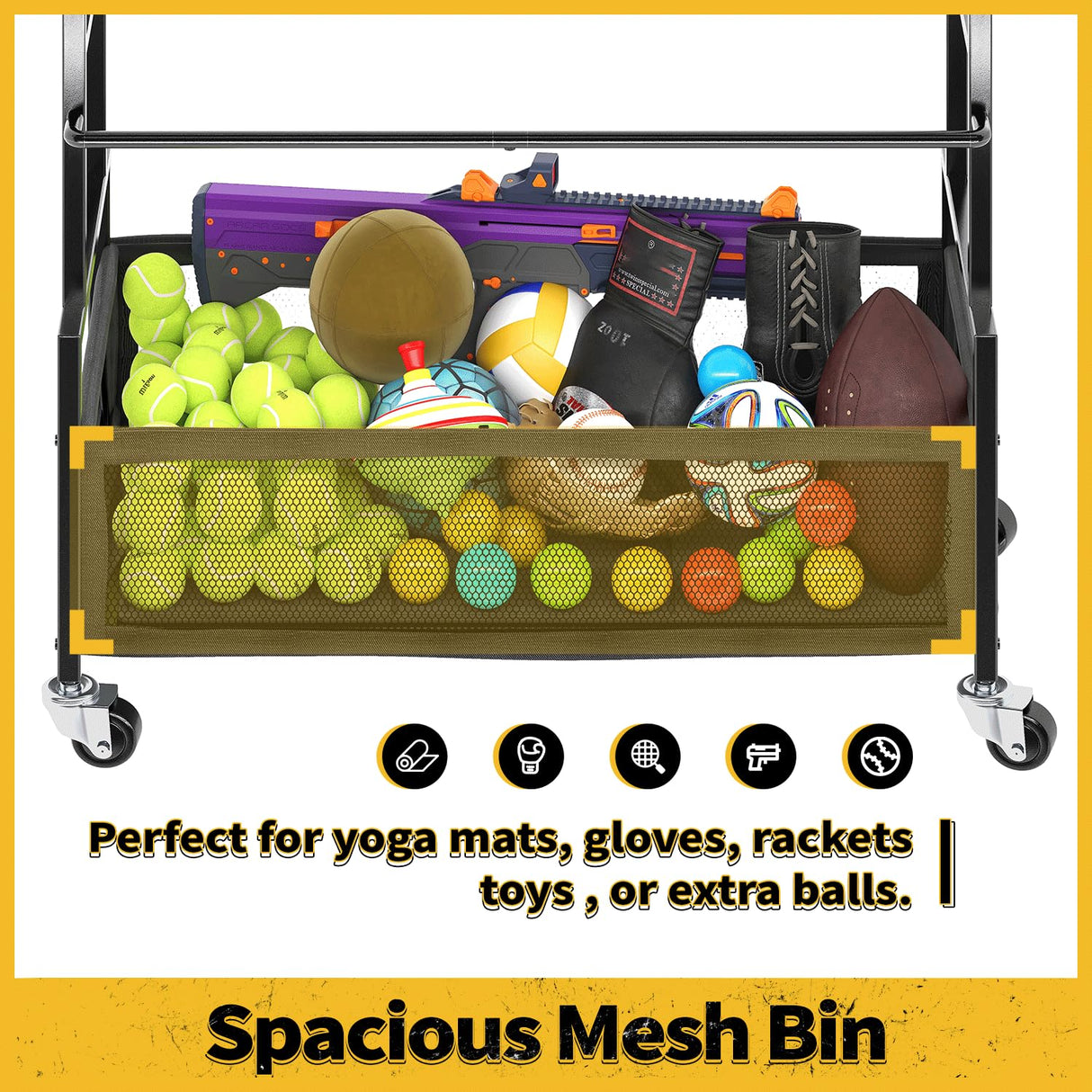 SOYEEZE Sports Equipment Organizer- Ball Storage for Garage,4 Tiers Outdoor Toy Storage,Soccer Racks,Basketball Shooting Training Stand Cart with Wheels and Hooks for Home-School and Gym Use SOYEEZE