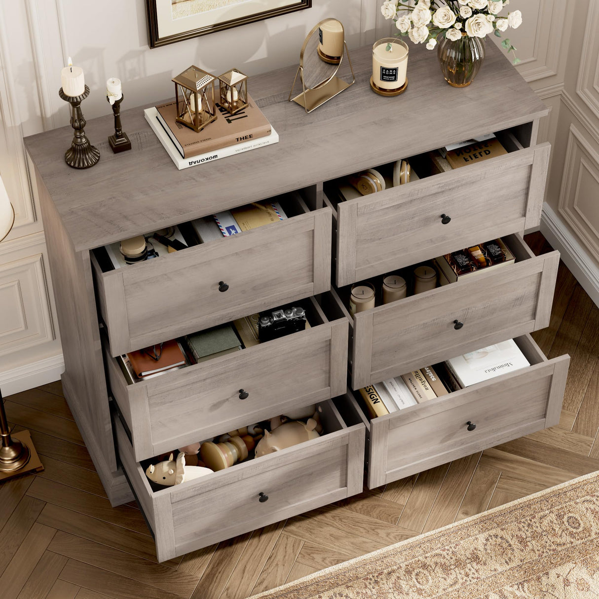 FOTOSOK 6 Drawer Dresser, Modern Dresser Double Dresser 6 Drawer Chest with Deep Drawers, Wide Storage Organizer Drawer Cabinet for Living Room Home, Ash Grey FOTOSOK