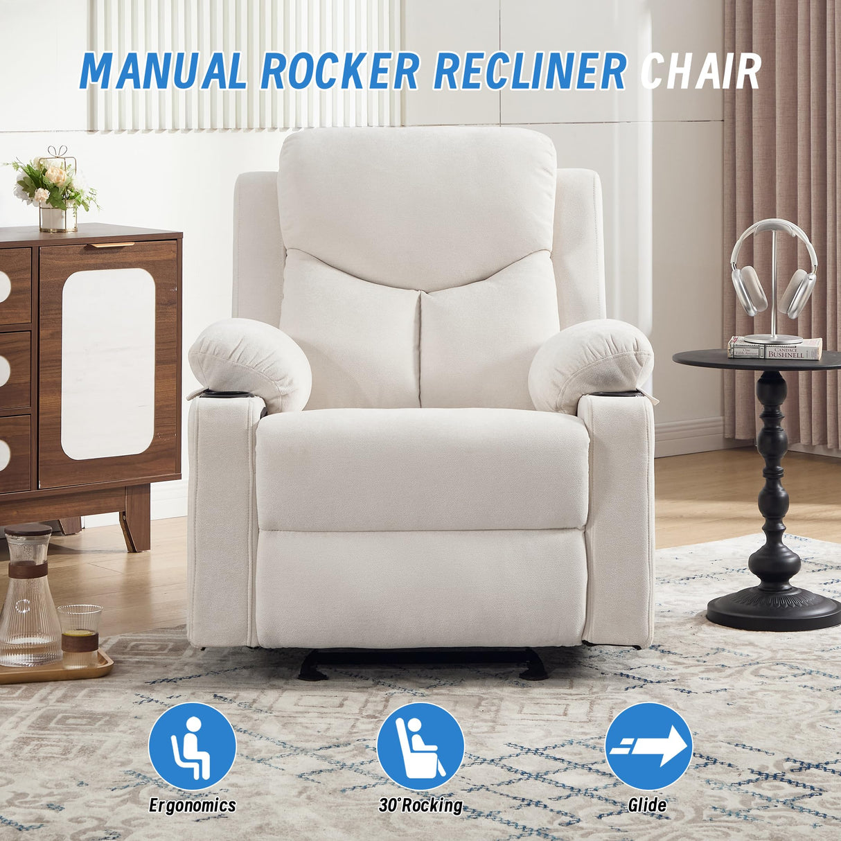 Sftaiyou Manual Rocker Recliner Chair for Adults with Vibration Massage,Glider Rocking Recliner Chairs for Living Room Bedroom Overstuffed Soft Reclining Sofa Chair with Pockets and Cup Holds (Beige) Sftaiyou