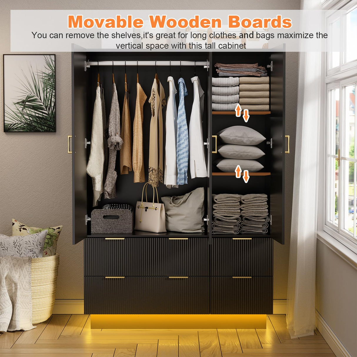 PAKASEPT Large Wardrobe Closet, Armoire Closet with Door and Mirror, LED Lights, Hanging Rod, Drawers, Armoires and Wardrobes for Bedroom (Black) PAKASEPT