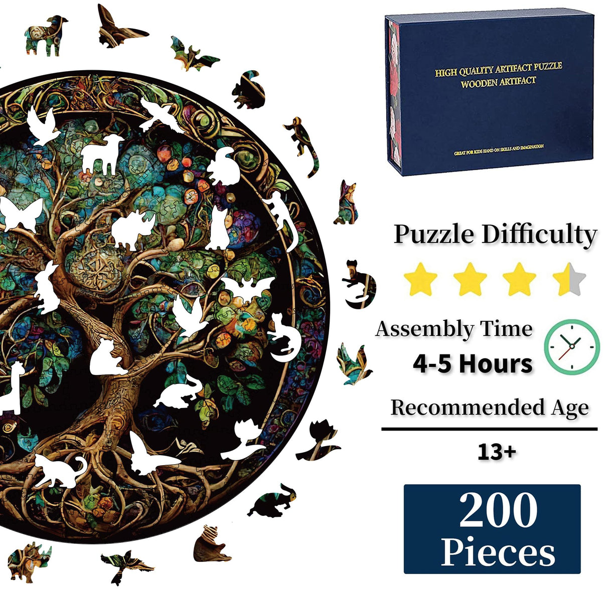 Wooden Puzzles for Adults, 200 Pieces Tree of Life Puzzle Uniquely Irregular Animal Shaped Wooden Jigsaw Puzzles, Creative Gift for Teenagers and Adults WHJSG