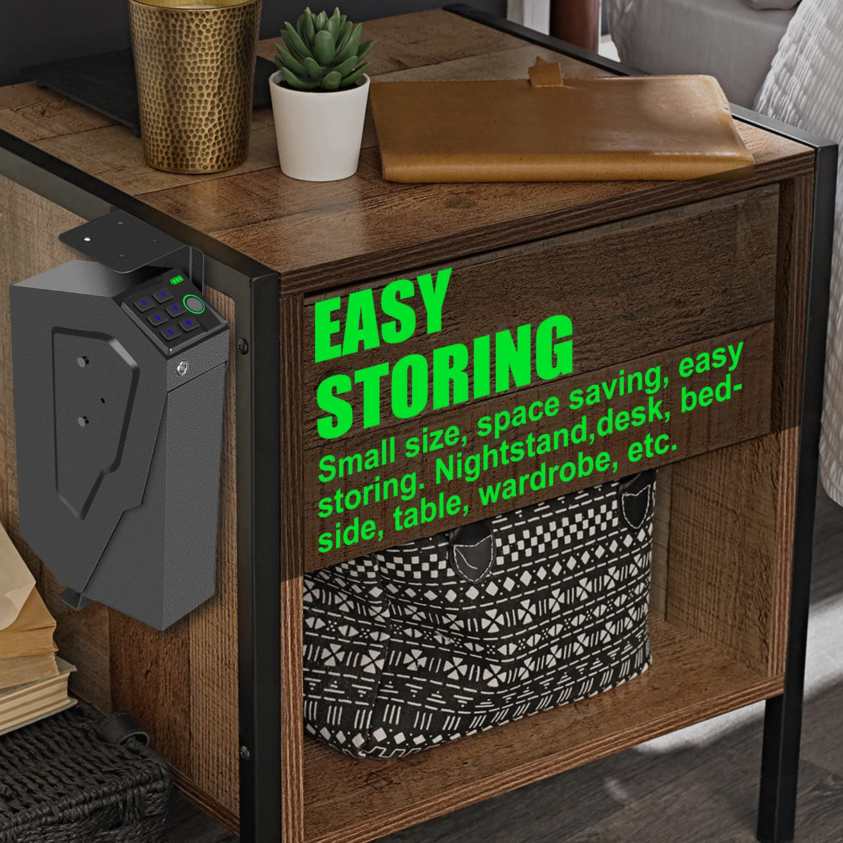 Biometric Mounted Handgun Gun Safe for Nightstand, Desk, Bed Side, Wall,Truck - Auto Open Hidden Hand Gun Safe for Pistol -with Fingerprint, 6-button Backlit Keypad, KEY Access VoleStay