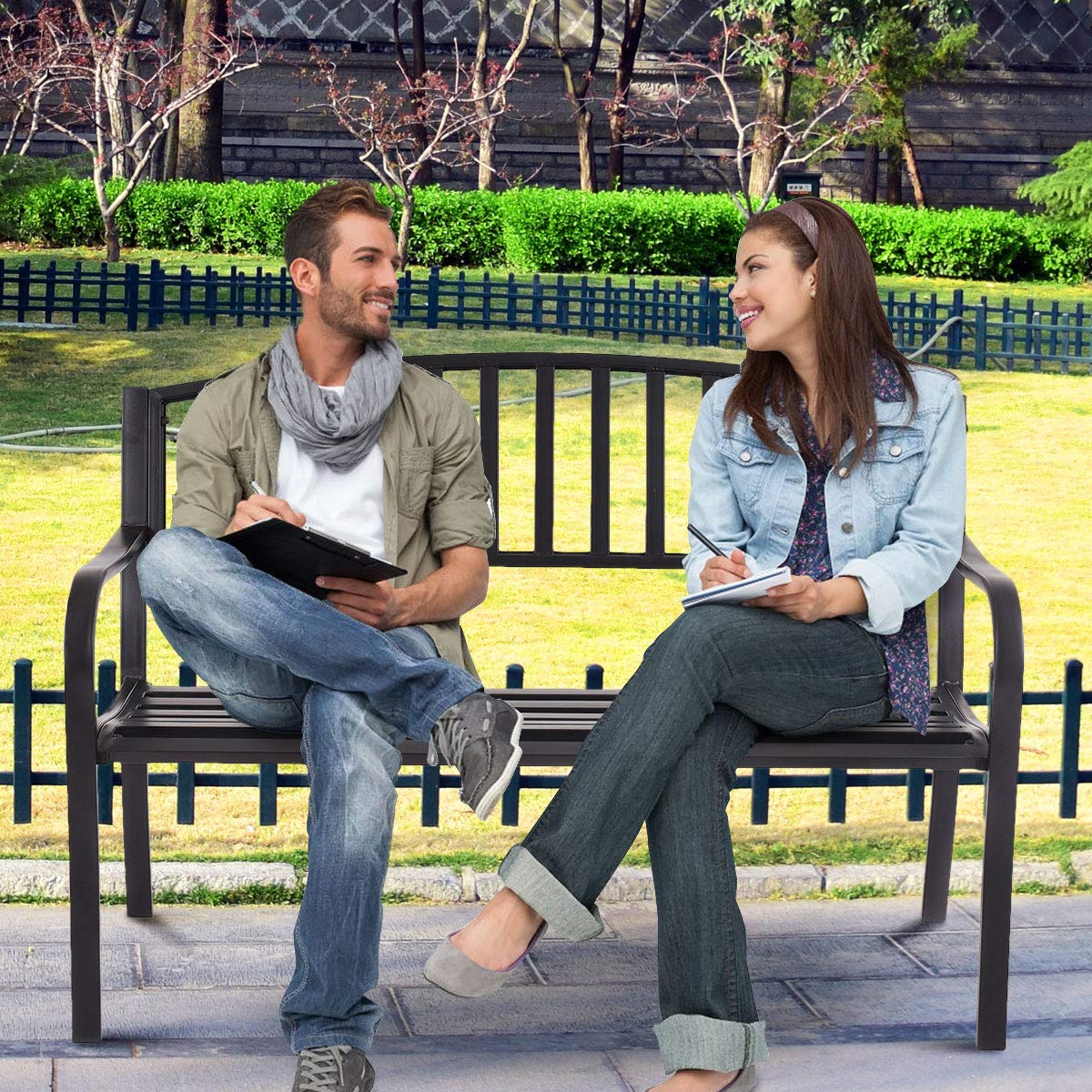 Giantex Outdoor Bench, 50” Patio Garden Bench with Steel Frame, Slat Design, 500 Lbs Weight Capacity, Patio Seating Bench for Porch, Backyard, Poolside, Outside Decor Furniture, Park Loveseat, Black Giantex