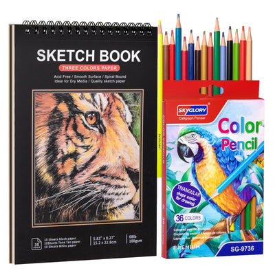 Drawing Sketchbook Kit, A5 Sketch Book with 36 Color Pencils, Three Color Black Sketch Pad, Acid-Free Sketch Pad for Kids, Artist, Art Paper Drawing Supplies for Gifts (5.8×8.3 inch)