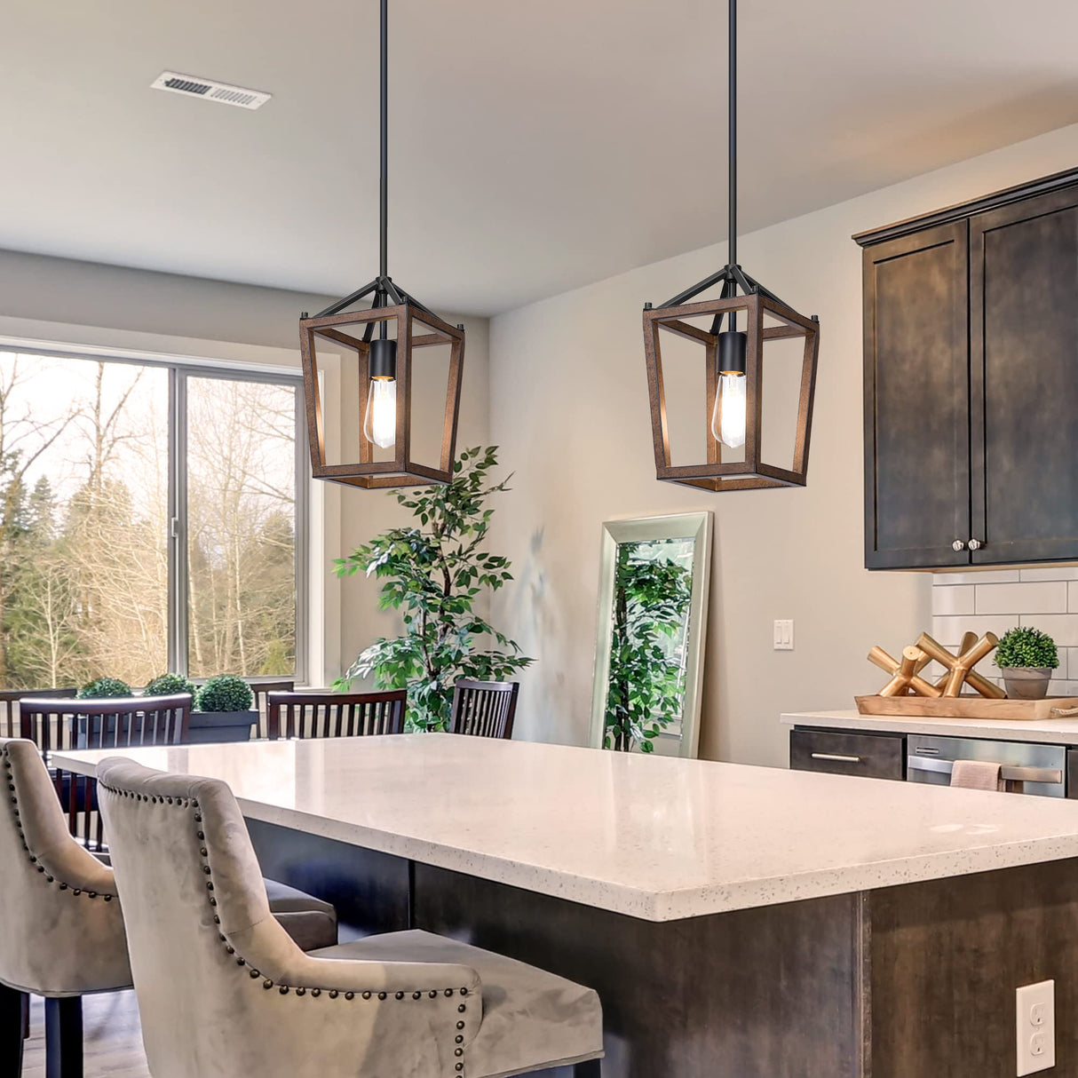 EDISHINE Pendant Lights for Kitchen Island, 1-Light Farmhouse Cage Hanging Light Fixtures, Rustic Wood with Brown Finish, Adjustable Height Pendant Light for Dining Room, Allway and Foyer EDISHINE