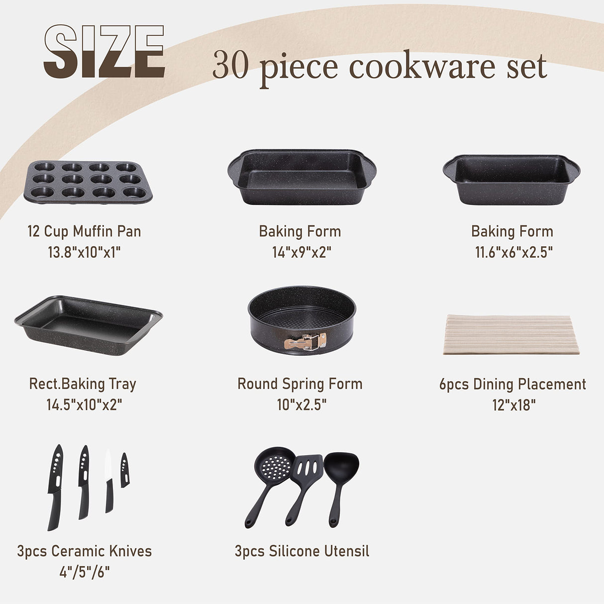Kitchen Induction Cookware & Bakeware Set - 30 Piece Black Granite Cooking Pans Set, Non-Stick Pots and Pans Set Kitchen Academy