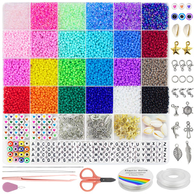 Redtwo 8000pcs 3mm Glass Seed Beads for Bracelet Making Kit, Small Beads Friendship Jewelry Making Kit, Tiny Waist Beads with Letter Beads and Elastic String, DIY Art Craft Girls Gifts.