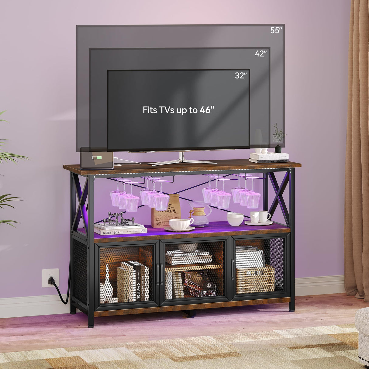 YITAHOME 47" Rustic Brown Wine Cabinet with LED Lights and Power Outlets YITAHOME