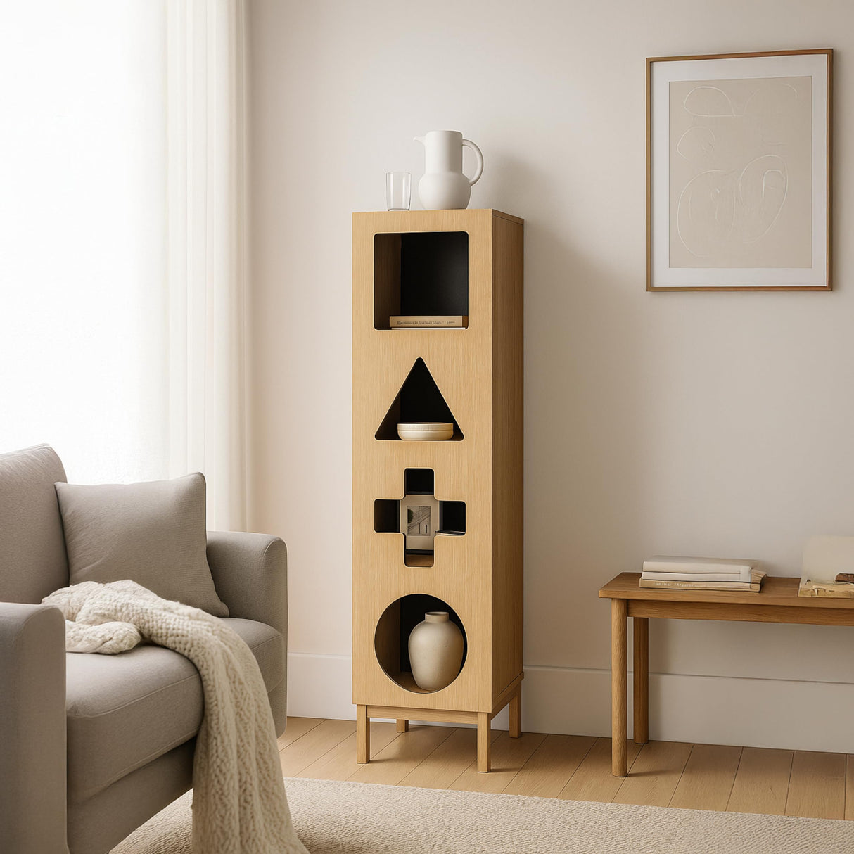 WERMO 18’’ Showcase Display Cabinet with Geometric Cut-Out Doors - Modern Curio Cabinet for Dining Room, Living Room, Entryway. Trophy Case and Collectible Display Case Wood with Door & Storage (Oak) WERMO