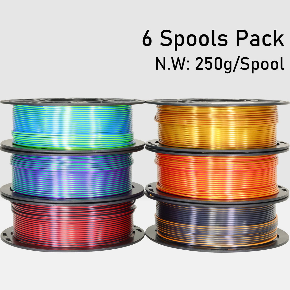 MIKA3D 6 Spools Bicolor Dual Color 1.75mm 3D Printer Filament Bundle, 3D Printing Silk PLA, Silk Black-Purple/Purple-Gold/Black-White/Black-Orange/Red-Blue/Black-Red, 3D Printing PLA 250g X 6 Spools MIKA3D