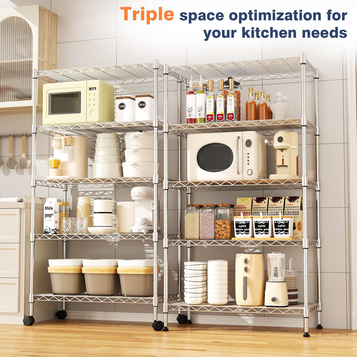 VANZBON 5-Tier Heavy Duty Metal Shelf,Chrome Wire Shelving Unit 35" Wx18 Dx71 H,Height Adjustable Storage Wire Shelves with Lockable Wheels for Garage,Kitchen,Office,Bathroom,Studio VANZBON