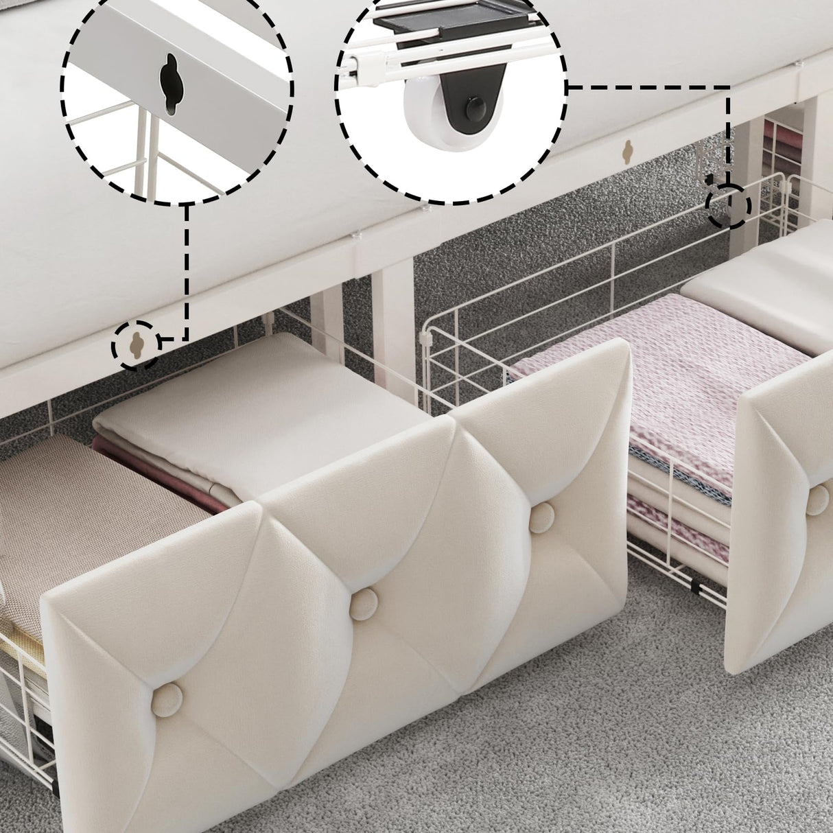 Keyluv Beige Upholstered Canopy Bed Frame with 2 Storage Drawers and Button Tufted Headboard Keyluv