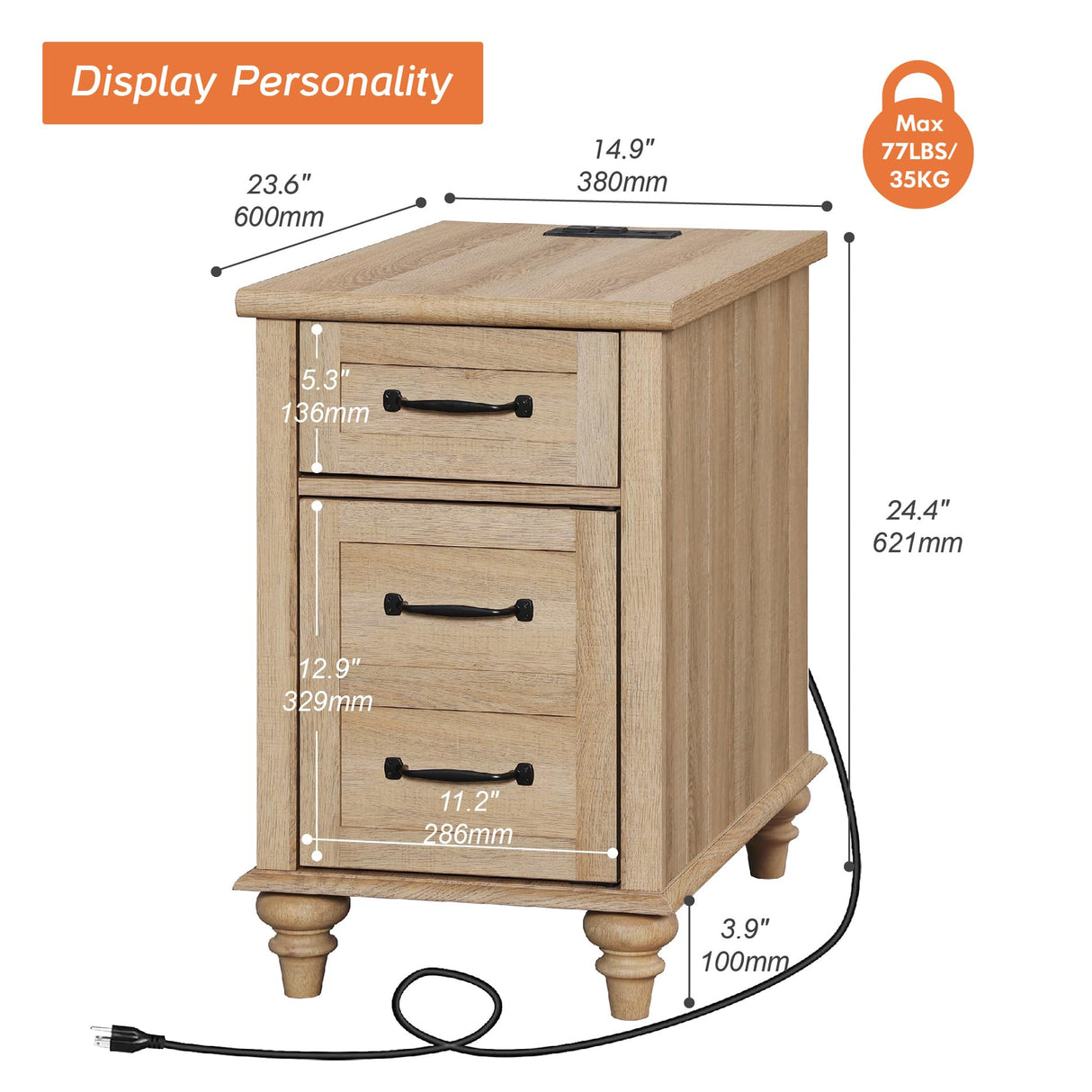 WAMPAT End Table with Charging Station, Wood Side Table with Drawer and Storage Cabinet, Modern End Table with Power outlets USB Ports for Living Room Bedroom, Oak WAMPAT