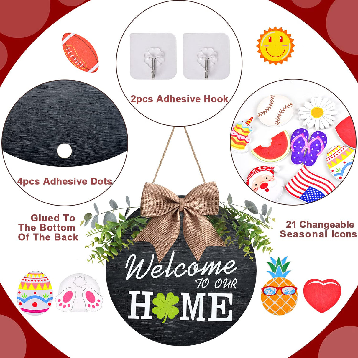 Interchangeable Welcome Home Sign, Seasonal Front Porch Door Decor With 21 Changeable Seasonal Icons for Halloween/Christmas/Independence Day, Rustic Wood Wreaths for Housewarming Gift (12") (Black) KIDNEAR