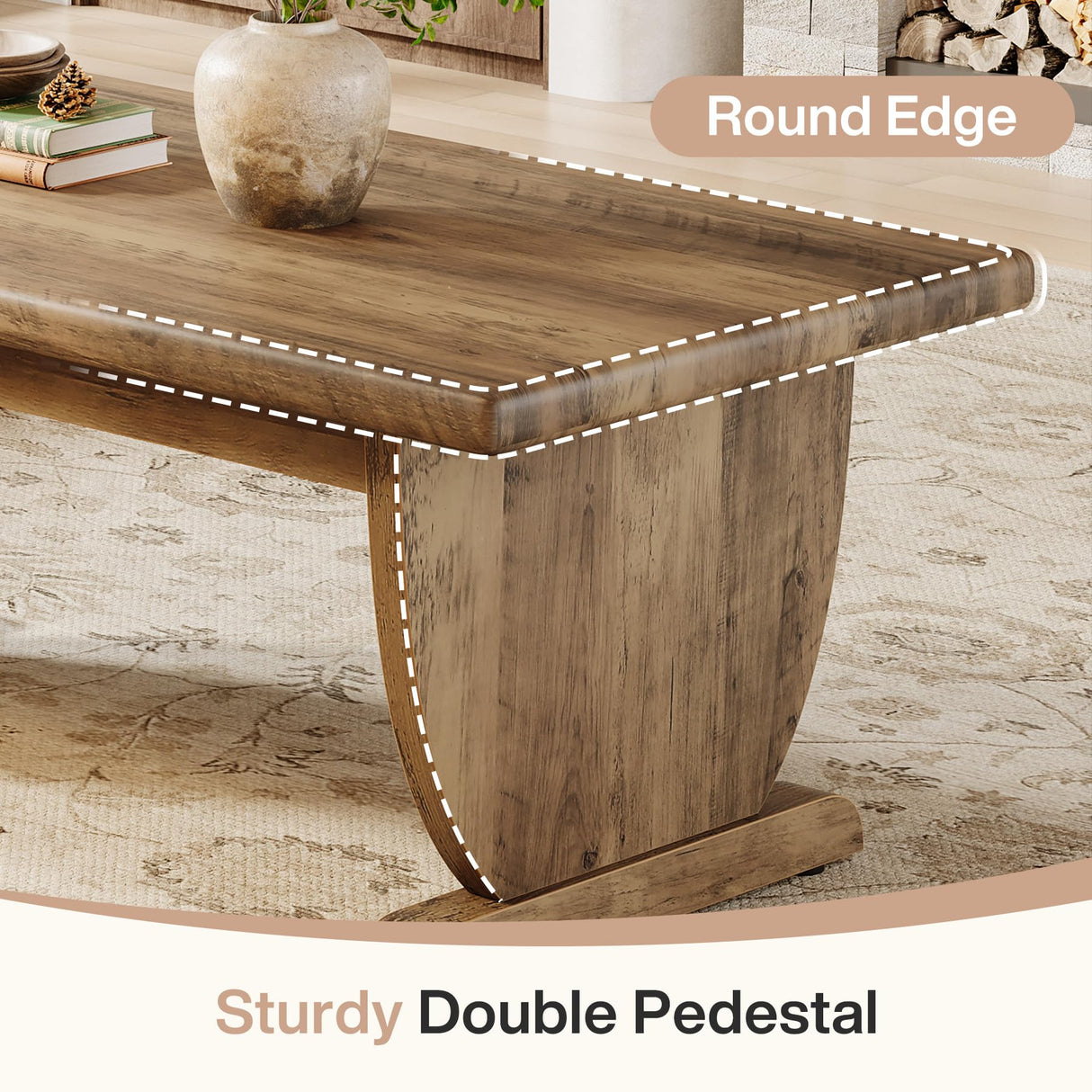 Tribesigns Rectangle Coffee Table, 48-Inch Large Wooden Low Coffee Tables for Living Room, Rustic Farmhouse Center Tea Table with Sturdy Pedestal Base, Easy Assembly, Medium Brown Tribesigns