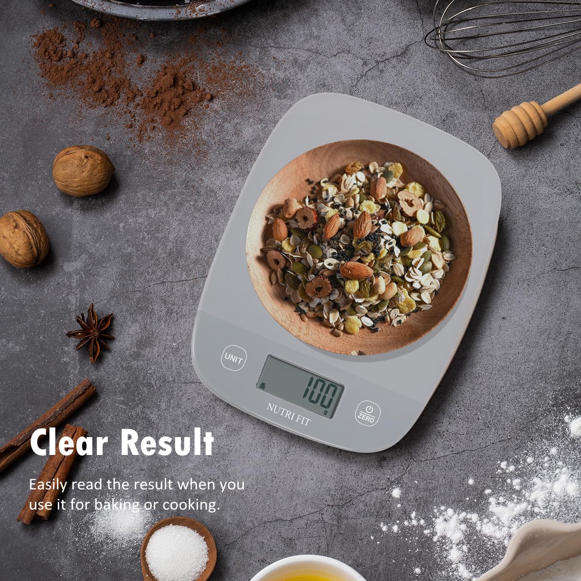 NUTRI FIT Food Scale Kitchen Scales Digital Weight Grams and Ounces for Baking Cooking, Weighing Scale Portion Control, Max 11lb 1g Increment 6 Units Smart Tare Hanging Storage, Gray NUTRI FIT
