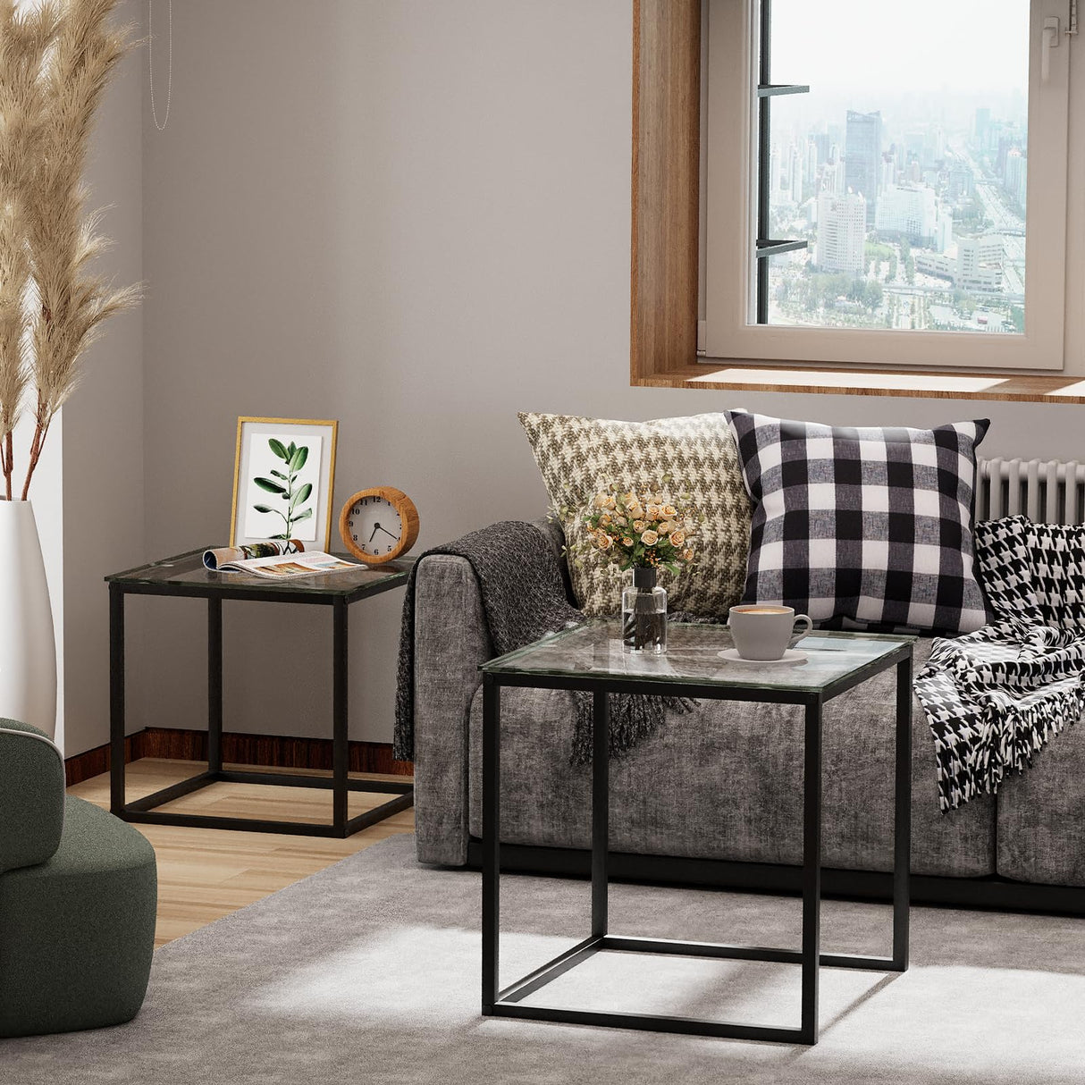 VILAWLENCE Coffee Table Set of 2, Modern Black Glass Side Table, Metal Frame Square End Table, Center Tables,Nesting Coffee Table for Living Room,Bedroom and Small Spaces VILAWLENCE