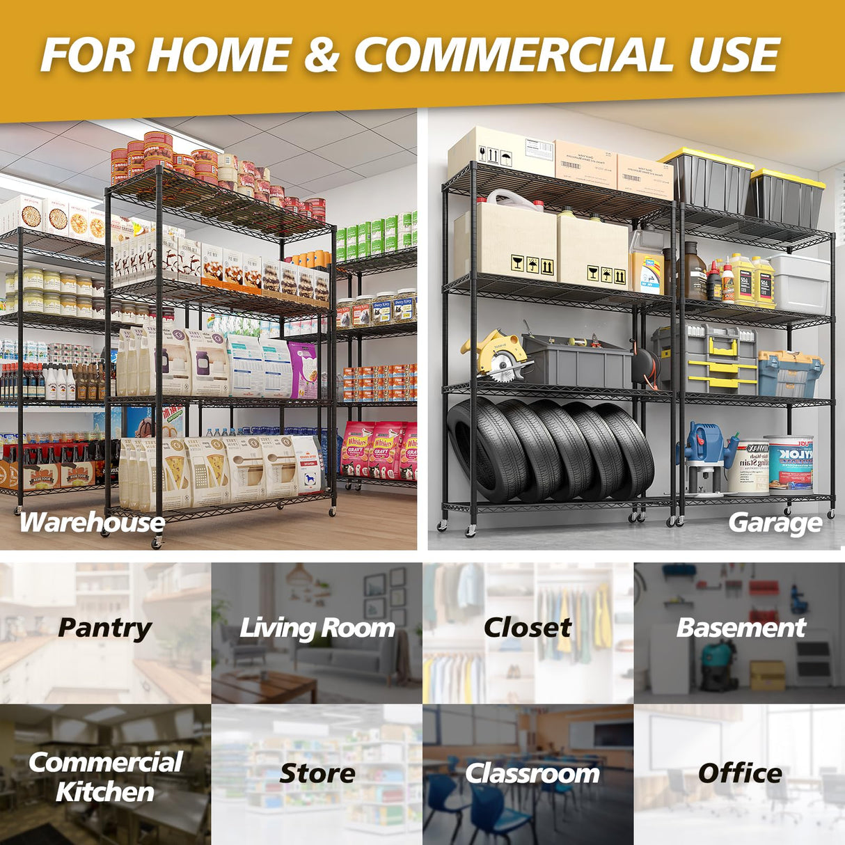 Heavy Duty N.S.F. Certified 4‑Tier Steel Wire Shelving with Wheels, 800 lb Commercial Storage Rack, Adjustable Utility Shelf for Home, Garage, Restaurant Storage Shelves (Black, 46" x 17.7" x 65") Generic