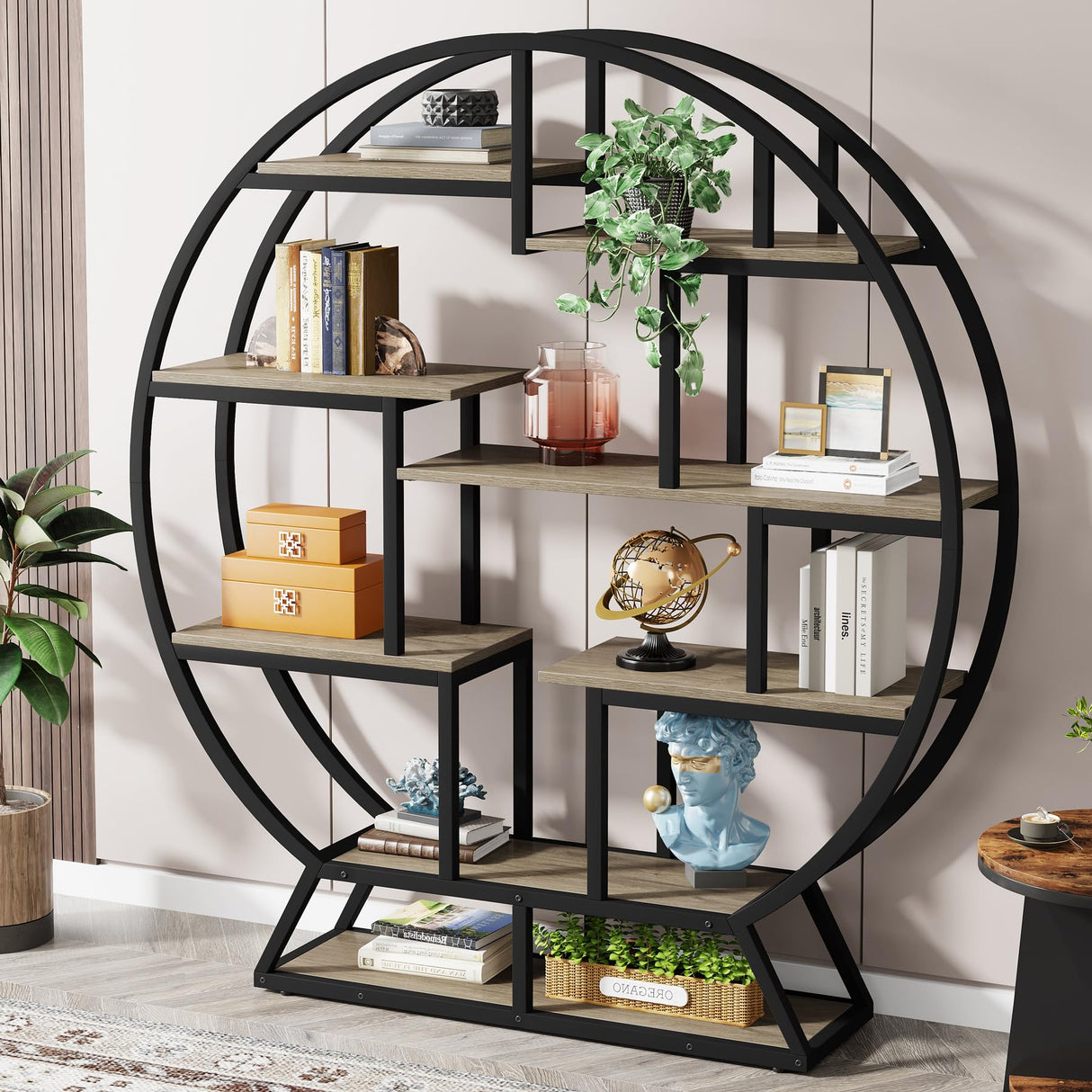 Tribesigns Bookshelf, Round Bookshelves Etagere Bookcase, 63 Inch Industrial Wood Book Shelf with Staggered Shelves, Open Shelving Organizer Rack Display Shelf for Home Office, Living Room, Grey Tribesigns