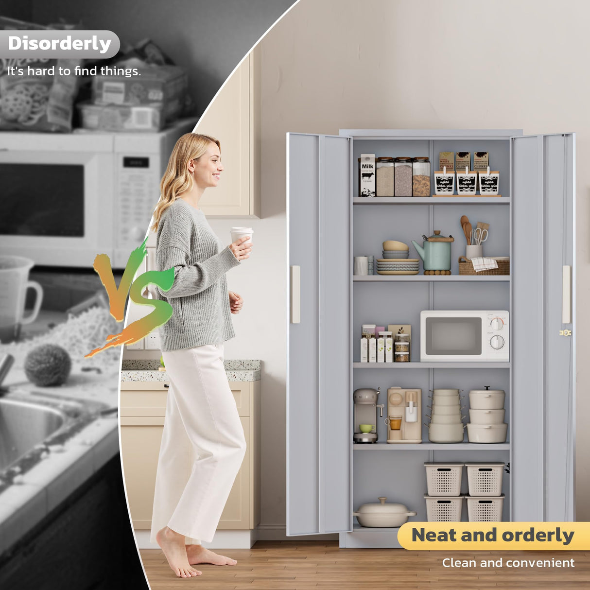 SUNCROWN 63" Metal Storage Cabinets with Lock, Tool Cabinet, Locking Steel Storage, Tall Locker Organizer Garage Cabinets with 2 Doors and 4 Shelves for Home,Garage,Office, Dark Grey SUNCROWN