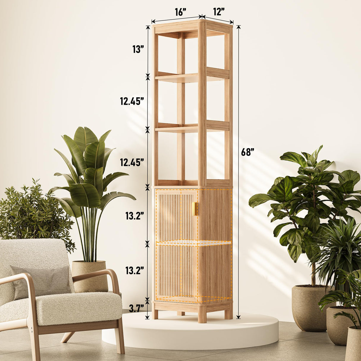 INNOD 68'' Tall Narrow Storage Cabinet with Adjustable Shelf and Door, Bathroom Storage Cabinet, Space Saver for Bathroom, Kitchen, Living Room, Natural Oak INNOD