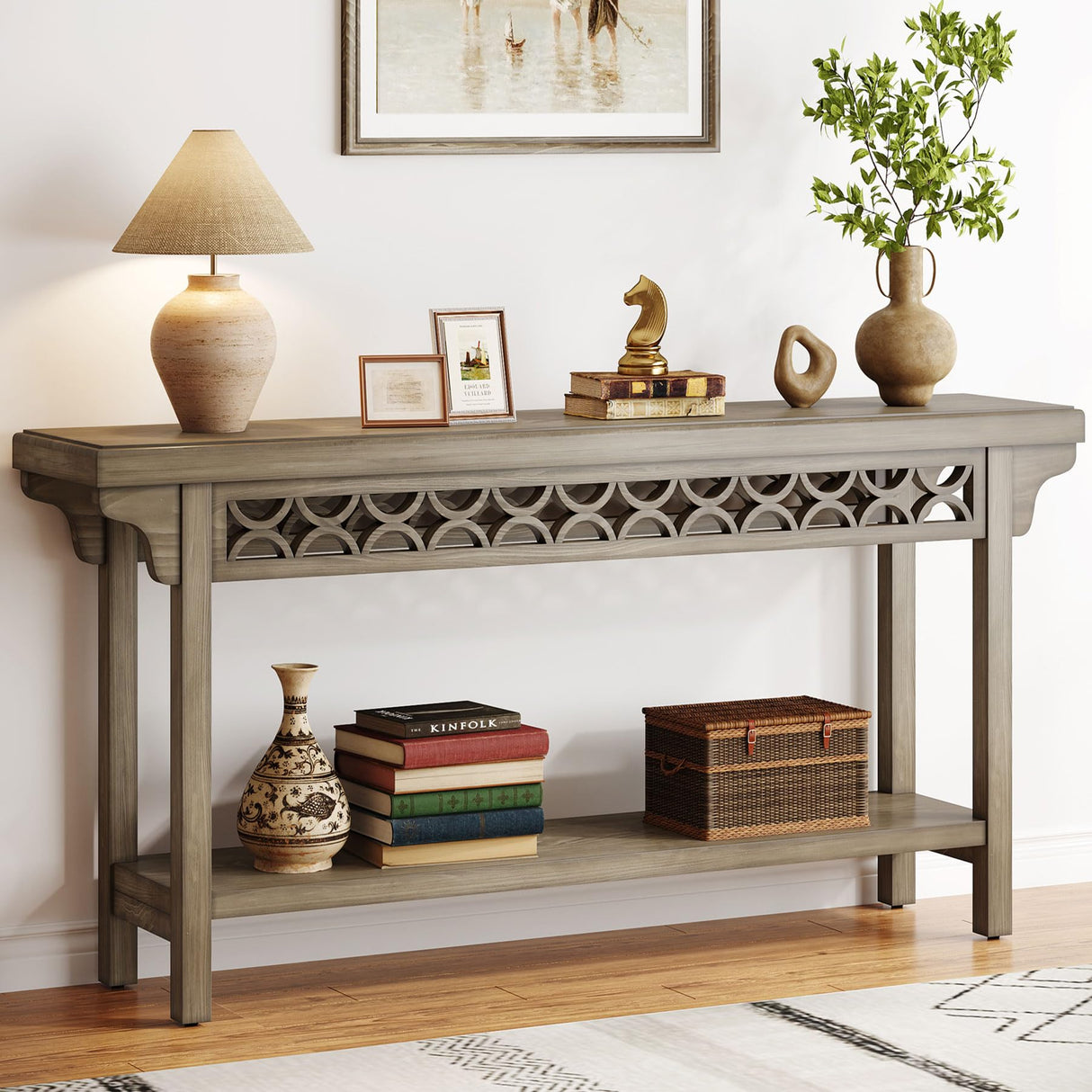Tribesigns 70.8-Inch Solid Wood Long Console Table, Farmhouse Entryway Table with Storage, Narrow Sofa Table Grey Couch Table for Living Room Entryway Hallway (Gray) Tribesigns