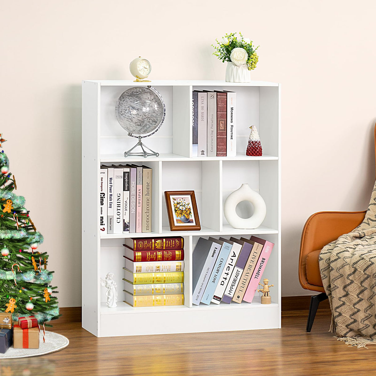 YAHARBO White 7 Cube Bookshelf,3 Tier Modern Horizontal Bookcase,Wooden Low Book Shelf Display Storage Cabinet with Base,Floor Standing Short Bookshelves Open Organizer for Bedroom,Living Room,Office YAHARBO