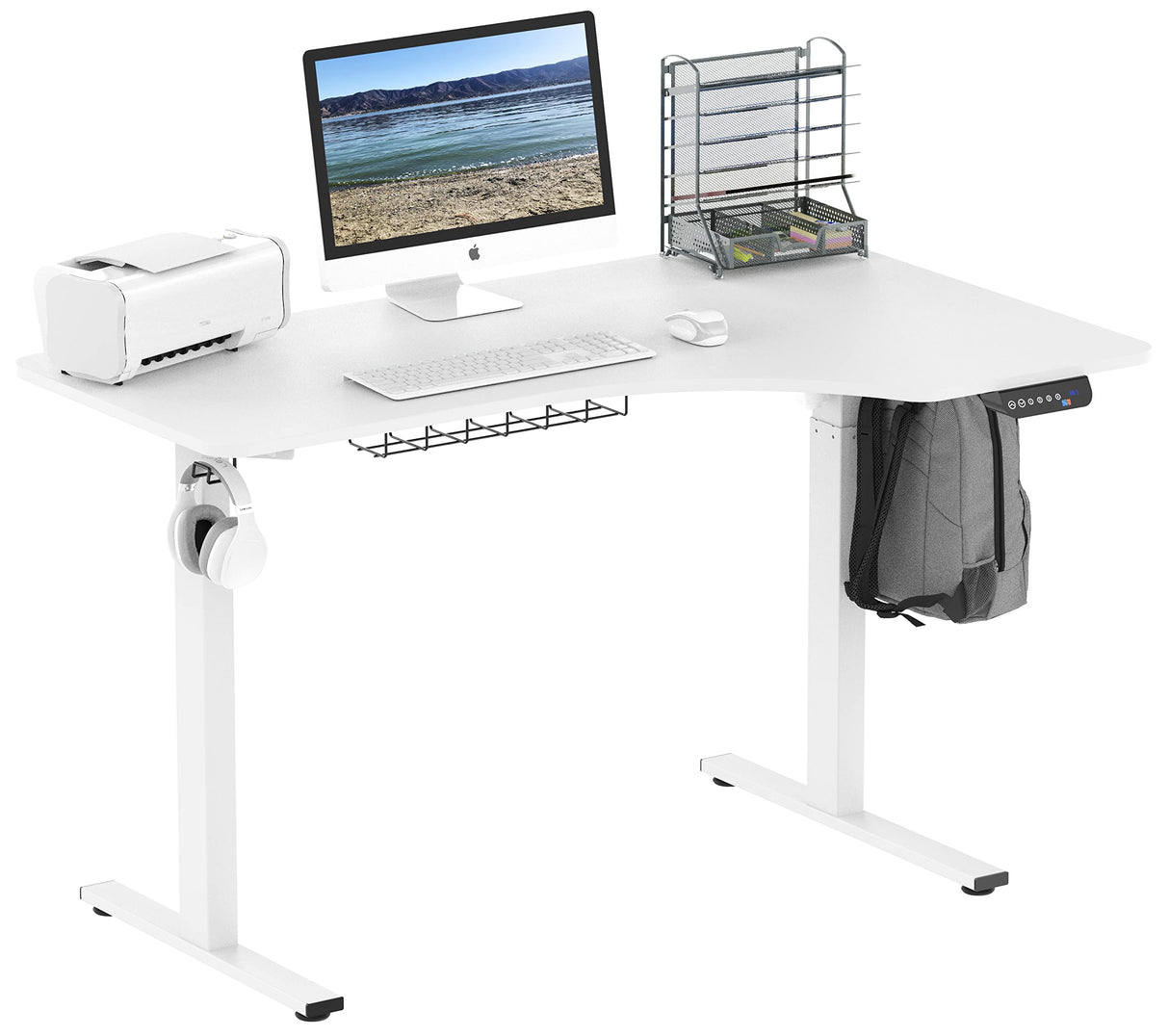 SHW 55-Inch L-Shaped Electric Height Adjustable L-Shaped Standing Desk with Right Facing Corner, White SHW