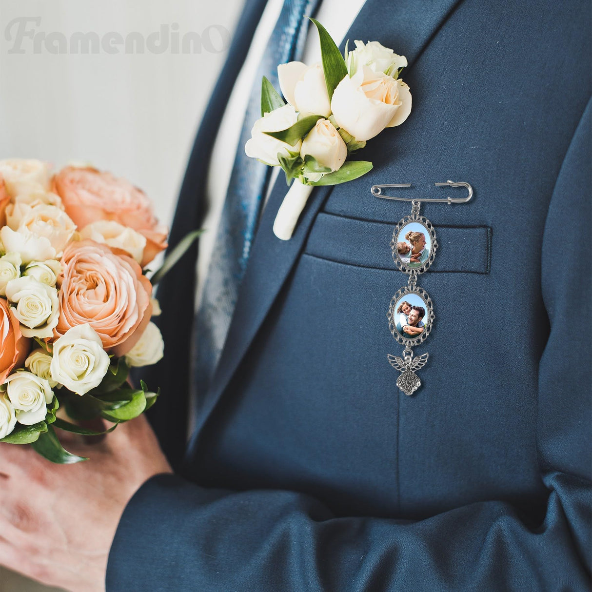 Framendino, 2 Pack Sublimation Blank Bouquet Photo Charms Pin Pouch with Angel Pendant Wedding Memory Bridal Bouquet Picture Charm Clip DIY Jewelry Making 2 Sheet Framendino