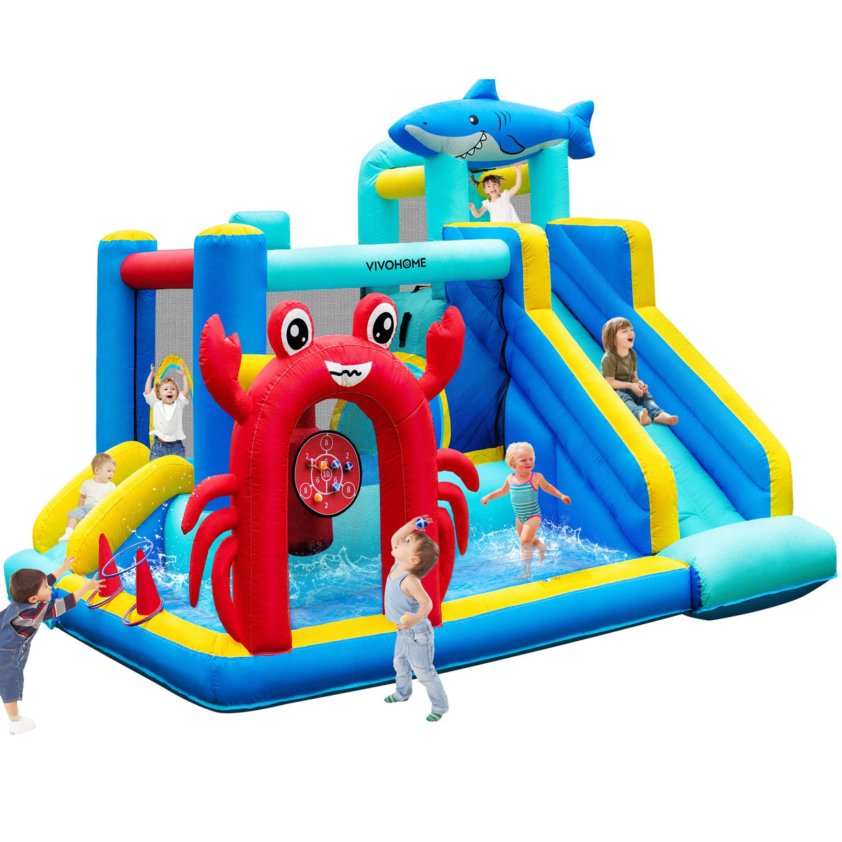 VIVOHOME 7 in 1 Bounce House for Kids, Sea Theme Inflatable Bouncy Castle with Slide, 12x10 FT Inflated Bouncer for Outdoor with Blower, Basketball, Climb, Jump Area, Ball, Water Pool, Hoop VIVOHOME