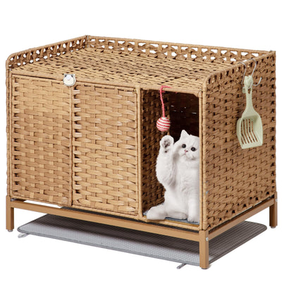 SETVSON Cat Litter Box Enclosure Cat Litter Box Furniture with Divider, Rattan Litter Box Enclosure with Cat Litter Mat, 31.2×19.6×24.2 Inches Hidden Cat Litter Box Cat House for Living Room (Natural)