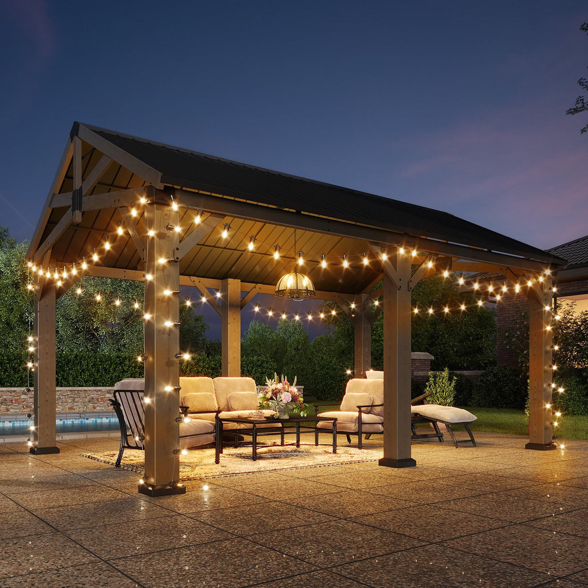 Aoxun 12' x 16' Outdoor Wood Gazebo, Hardtop Gazebo Permanent Wooden Pavilion with Galvanized Steel Gable Roof, for Patio, Garden, Deck, Cedar Wood Aoxun