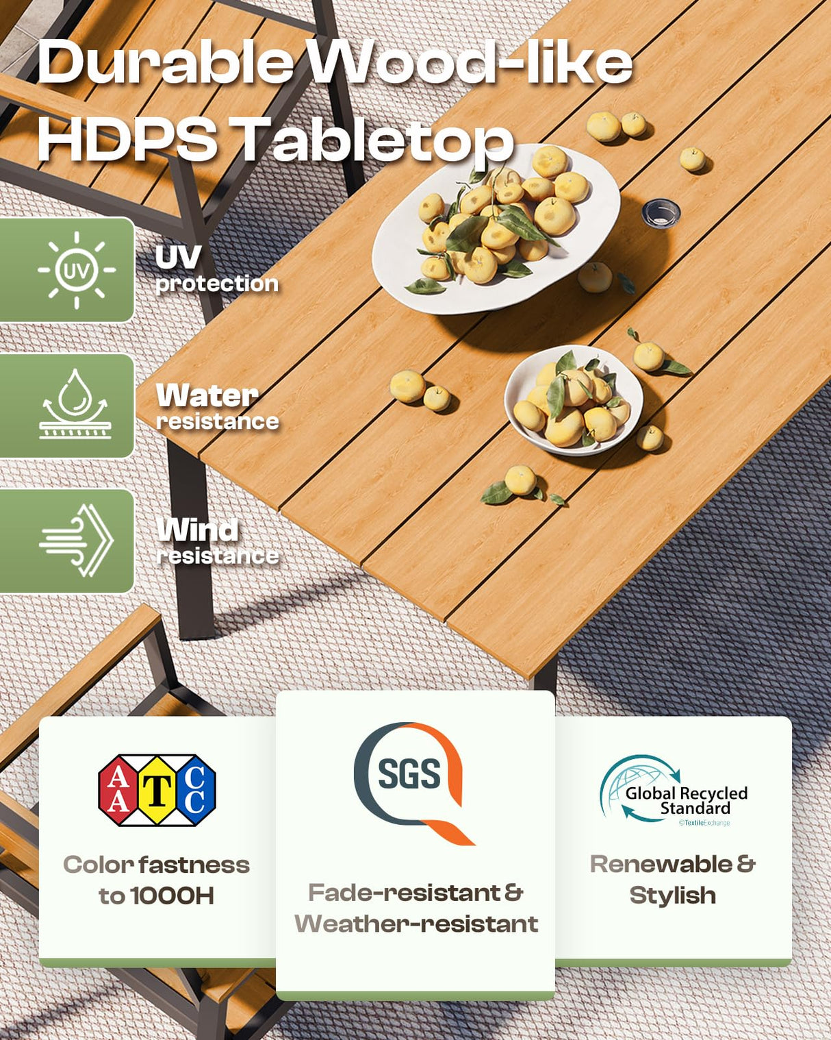 Oasbira Outdoor Dining Set for 6, Outdoor Table and Chairs Set with Umbrella Hole, Patio Dining Sets, 7 Pieces HDPS Outdoor Furniture Sets for Patio, Garden, Backyard (Gray & Teak) Oasbira